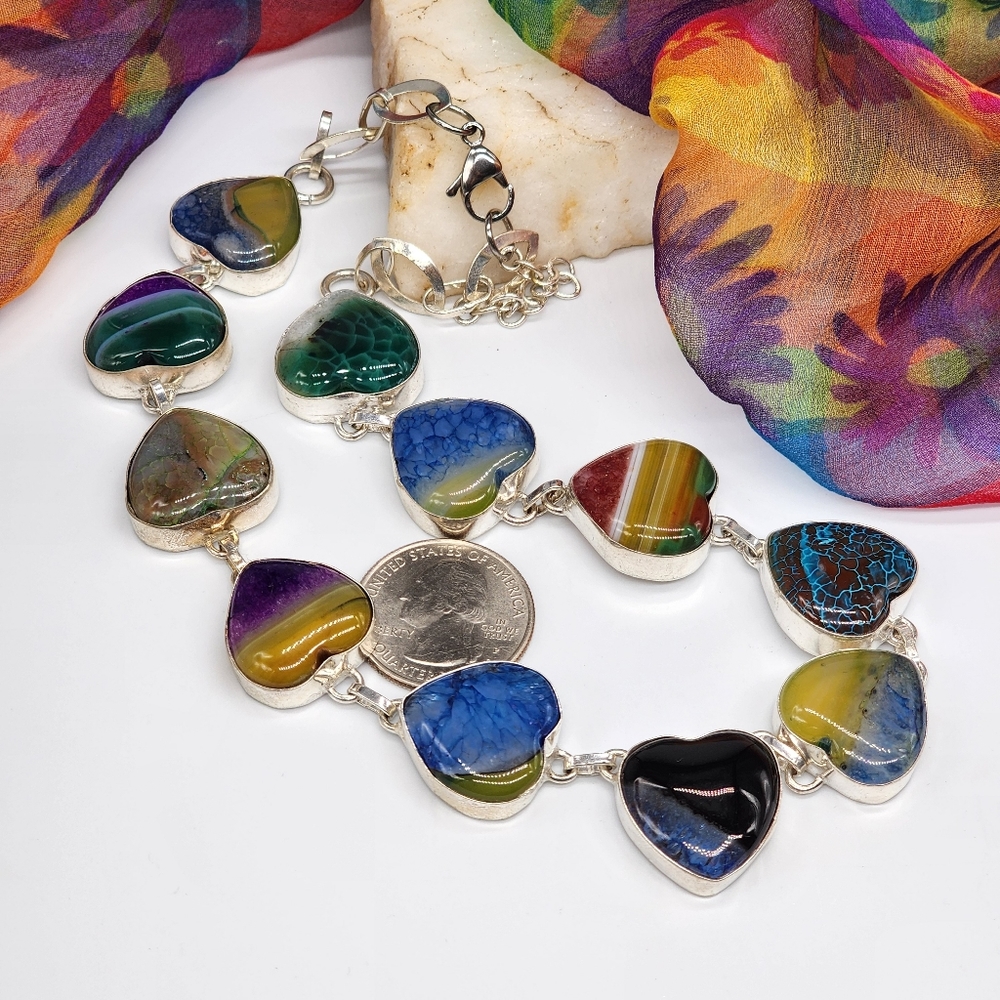 Vintage Jewelry Sterling Silver 925 Necklace Genuine Agate Stones Heart - Picture 10 of 15